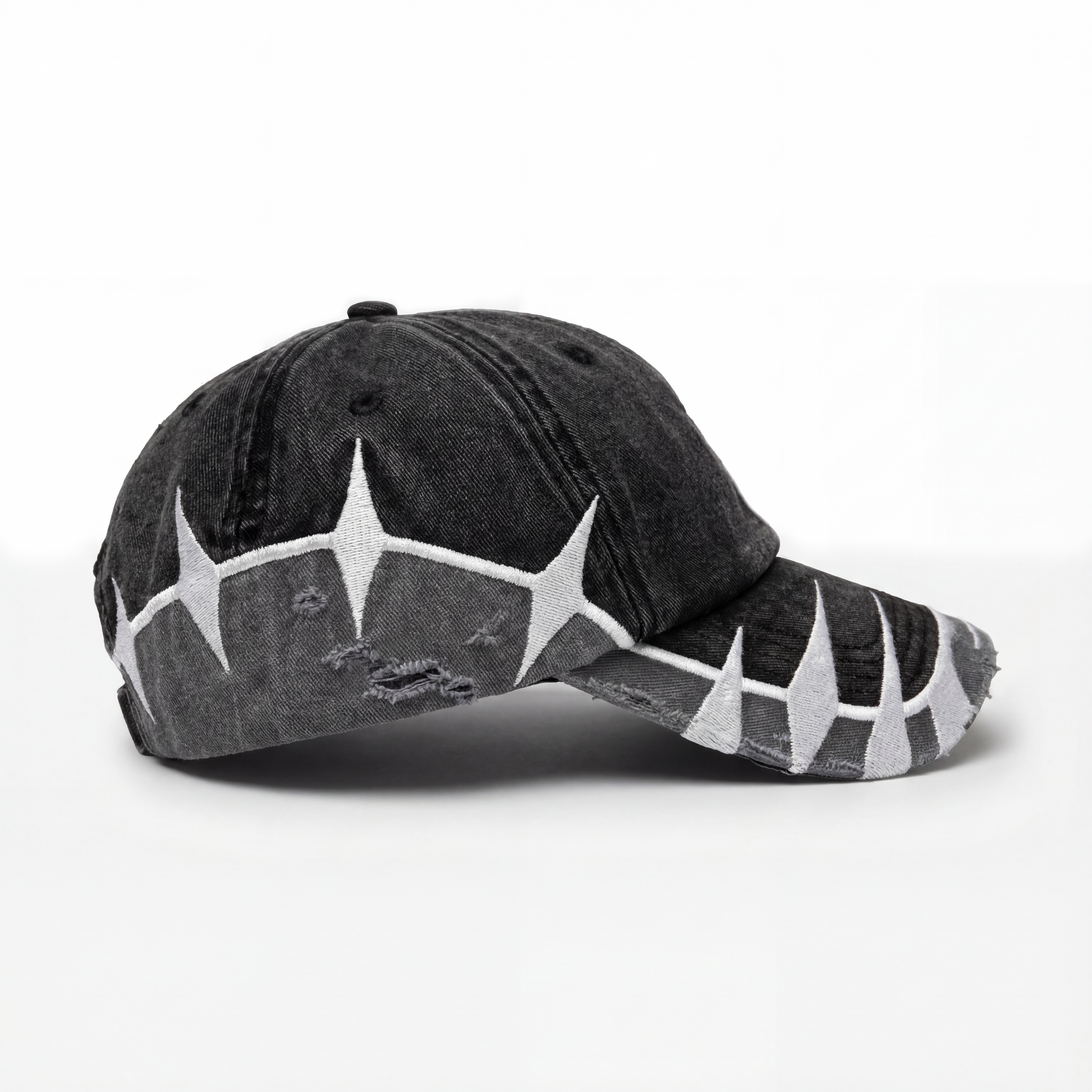 Crumble clothing AVALIN black two-tone hat, star and line embroidery detail, side panel view