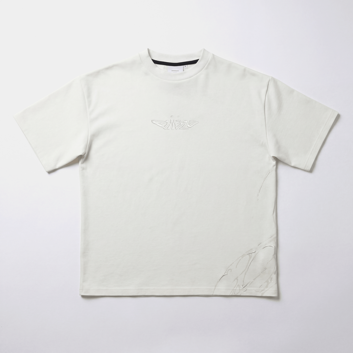 White AVALIN tee, centre chest Crumble embroidered logo, straight-on front view. Heavyweight boxed fitted t-shirt.