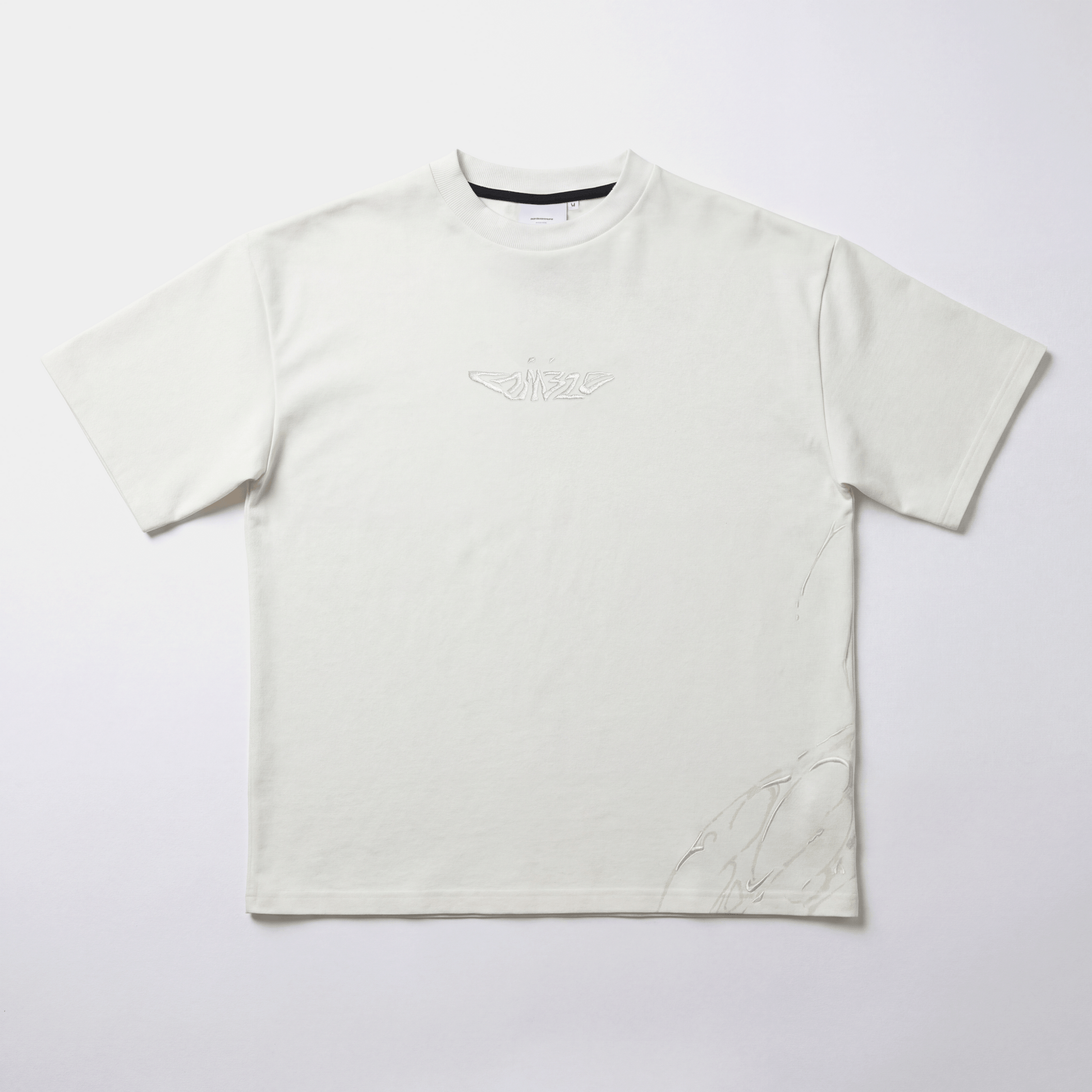 White AVALIN tee, centre chest Crumble embroidered logo, straight-on front view. Heavyweight boxed fitted t-shirt.